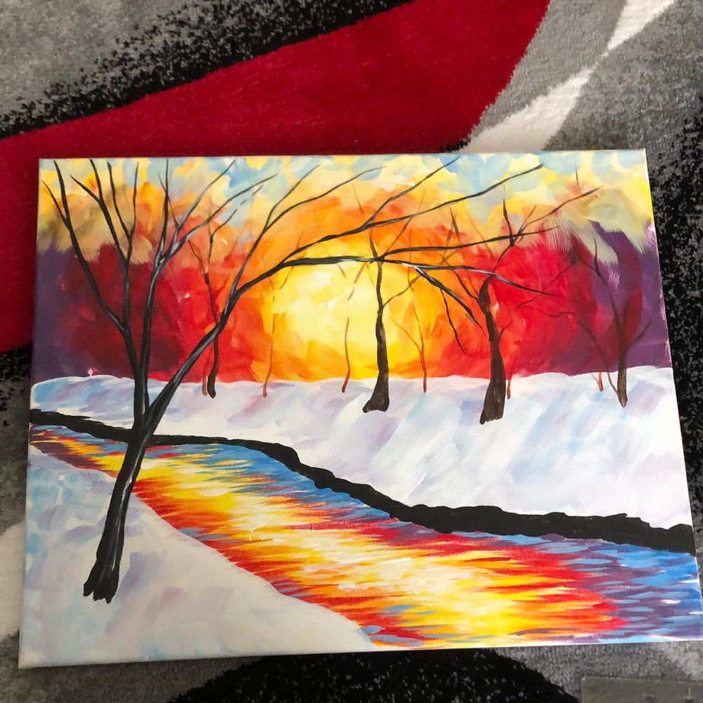 Acrylic Painting on Canvas of winter sunset scene